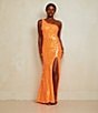 Color:Neon Orange/Iridescent - Image 5 - Sequin One-Shoulder Back Strap Long Dress