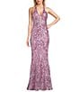 B. Darlin Sequin Pattern Halter V-Neck Contrast Inset Dress, Color:Dark Mauve - Image 1