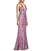 B. Darlin Sequin Pattern Halter V-Neck Contrast Inset Dress, Color:Dark Mauve - Image 3