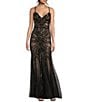 B. Darlin Sequin Sheer/Nude Pattern V-Neck Spaghetti Strap Lace Up Back Dress, Color:Black/Nude - Image 1