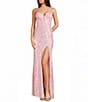 B. Darlin Sequin Patterned Sweetheart Neck Mesh Inset Front Slit Long Dress - Image 1