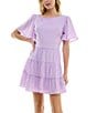 Color:Lilac - Image 1 - Short Flutter Sleeve Scoop Neck Layered Ruffle Dress