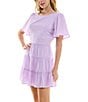 Color:Lilac - Image 3 - Short Flutter Sleeve Scoop Neck Layered Ruffle Dress