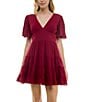 Color:Burgundy - Image 1 - Short Flutter Sleeve V-Neck Tiered Dress