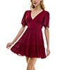 Color:Burgundy - Image 3 - Short Flutter Sleeve V-Neck Tiered Dress