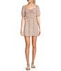 Color:Khaki/Off White - Image 1 - Short Sleeve Cinched Smocked Bodice Fit-And-Flare Mini Dress