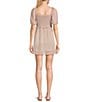 Color:Khaki/Off White - Image 2 - Short Sleeve Cinched Smocked Bodice Fit-And-Flare Mini Dress
