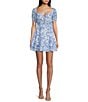 Color:Off White/Chambray - Image 1 - Short Sleeve Sweetheart Neck Front Tie Smocking Printed Bubble Crepe Dress