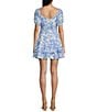 Color:Off White/Chambray - Image 2 - Short Sleeve Sweetheart Neck Front Tie Smocking Printed Bubble Crepe Dress