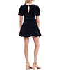 Color:Navy - Image 2 - Short-Sleeve V-Neck Tiered Skirt Velvet Fit-And-Flare Dress