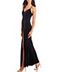 Color:Black/Black - Image 3 - Sleeveless V-Neck Lace-Bralette-Back Slit Hem Velvet Long Dress