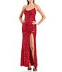 Color:Red - Image 1 - Cowlneck Sequin-Embellished High Slit Hem Gown