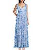 B. Darlin Sleeveless Floral Printed Mesh Shirred Illusion Bodice Tiered Ruffle Ballgown, Color:Off White/Blue - Image 1