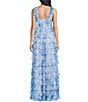 B. Darlin Sleeveless Floral Printed Mesh Shirred Illusion Bodice Tiered Ruffle Ballgown, Color:Off White/Blue - Image 2