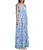 B. Darlin Sleeveless Floral Printed Mesh Shirred Illusion Bodice Tiered Ruffle Ballgown, Color:Off White/Blue - Image 3