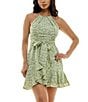 Color:Sage/Off-White - Image 4 - Sleeveless Halter Neckline Ditsy Floral Print Ruffle Skirt Dress