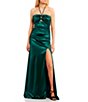 Color:Hunter - Image 1 - Sleeveless Satin Y-Neck Swimsuit-Top Ruched Slit Hem Cut-Out Ballgown