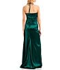 Color:Hunter - Image 2 - Sleeveless Satin Y-Neck Swimsuit-Top Ruched Slit Hem Cut-Out Ballgown