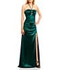 Color:Hunter - Image 3 - Sleeveless Satin Y-Neck Swimsuit-Top Ruched Slit Hem Cut-Out Ballgown