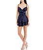 Color:Navy - Image 1 - Spaghetti Strap Surplice-Sweetheart Neck Tie-Waist Double Hem Fit-and-Flare Satin Dress
