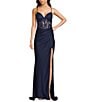 B. Darlin Sleeveless Sweetheart Neck Spaghetti Strap Illusion Lace Corset Side Slit Dress, Color:Navy - Image 1