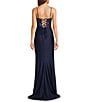 B. Darlin Sleeveless Sweetheart Neck Spaghetti Strap Illusion Lace Corset Side Slit Dress, Color:Navy - Image 2