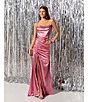 Color:Rose - Image 4 - Spaghetti-Strap Cowl-Neck Lace-Up-Back Cinched Side-Tie Slit Hem Satin Knit Long Dress
