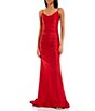 Color:Red - Image 1 - Spaghetti-Strap Cowl Neck Ruched Shiny Knit Mermaid Long Dress