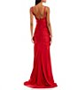 Color:Red - Image 2 - Spaghetti-Strap Cowl Neck Ruched Shiny Knit Mermaid Long Dress