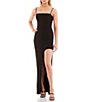 Color:Black - Image 1 - Spaghetti-Strap Square-Neck Thigh-Slit Scuba Crepe Long Dress