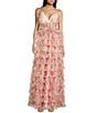 Color:Yellow/Pink/Green - Image 1 - Spaghetti Strap V-Neck Floral Printed Ruffle Trim Long Gown