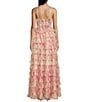 Color:Yellow/Pink/Green - Image 2 - Spaghetti Strap V-Neck Floral Printed Ruffle Trim Long Gown