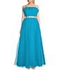 Color:Turquoise - Image 1 - Strapless Rhinestone Waist Tulle Ball Gown