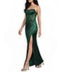 B. Darlin Strapless Sweetheart Drape Neck Appliqued Illusion Corseted Bustier Long Dress - Image 1