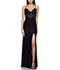 B. Darlin Stretch Sequin Lace V-Neck Spaghetti Strap Bustier Illusion Waist Front Slit Dress, Color:Black - Image 1