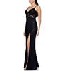 B. Darlin Stretch Sequin Lace V-Neck Spaghetti Strap Bustier Illusion Waist Front Slit Dress, Color:Black - Image 3