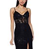 B. Darlin Stretch Sequin Lace V-Neck Spaghetti Strap Bustier Illusion Waist Front Slit Dress, Color:Black - Image 4