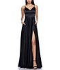 B. Darlin V-Neck Spaghetti Strap Princess Seam Side Slit Flounce Satin Gown,Specials : American Fashion Style Bags On Sale