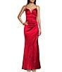 Color:Red - Image 1 - V-Neck Shirred Front Slit Long Satin Dress