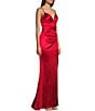 Color:Red - Image 3 - V-Neck Shirred Front Slit Long Satin Dress