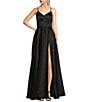 Color:Black - Image 1 - V-Neck Side Slit Satin Gown