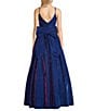 B. Darlin V-Neck Spaghetti Strap Bow Back Gown, Color:Sapphire/Fuchsia - Image 2