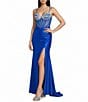 B. Darlin V-Neck Stone Embellished Illusion Corseted Side Slit Long Dress - Image 1