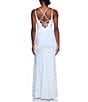 Color:Off White/Iridescent - Image 2 - Velvet Embroidered Sequin V-Neck Illusion Double Spaghetti Strap Lace Up Back Dress