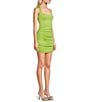 Color:Lime - Image 3 - Wide Tank Strap Scoop Neck Shirred Bodycon Lace Up Dress