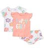 Color:White - Image 1 - Baby Girls 12-24 Months Flutter Sleeve Happy Girl T-Shirt & Short Sleeve Smiley Face Flower-Printed T-Shirt & Short Set