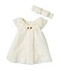 Color:Egret - Image 1 - Baby Girls 3-9 Months Flutter-Sleeve Lace Trapeze Dress