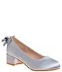 Color:Silver - Image 1 - Girls' Lily Satin Back Bow Rhinestone Block Heel Dress Shoes (Toddler)