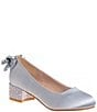 Color:Silver - Image 1 - Girls' Lily Satin Back Bow Rhinestone Block Heel Dress Shoes (Youth)