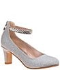 Color:Silver - Image 1 - Girls' Trudy Glitter Ankle Strap Zip Dress Pumps (Youth)